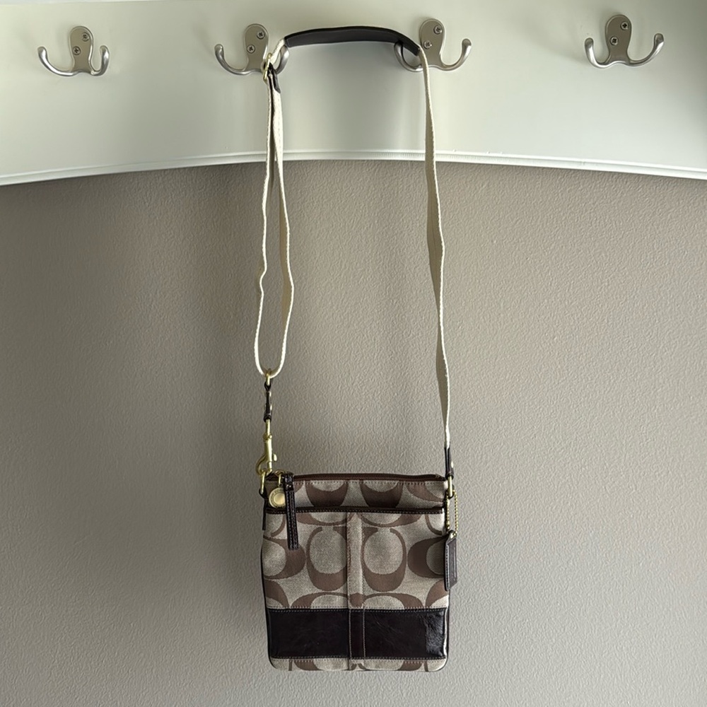 Coach Kitt Canvas and Leather Cross Body Messenger Bag - Brown and Cream